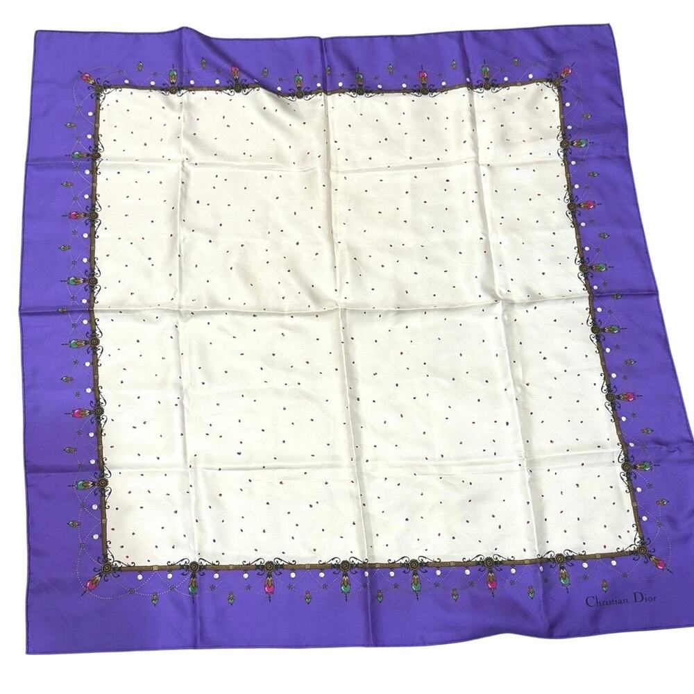 Christian Dior Silk Square Scarf Purple Ivory Jewel & Dot Print
